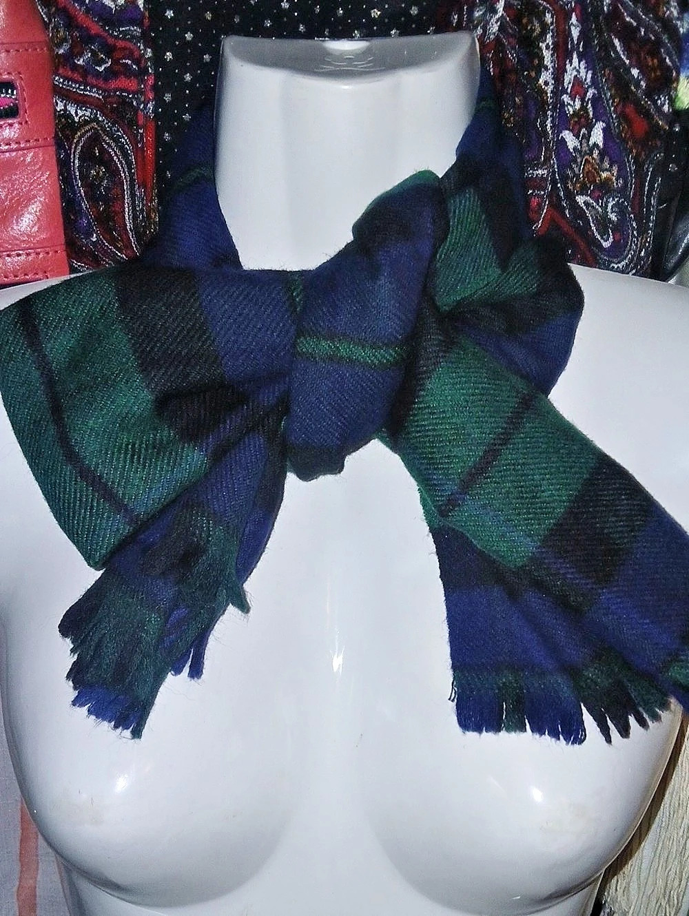Vintage Australian Wool Tartan Scarf in Blue & Green